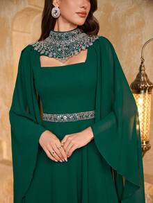 Sukienka maxi z szyfonu z plisowaną talią i dekoltem w serek, zdobiona perłami i rękawami w kształcie latarni - Zielony - Zobacz 3