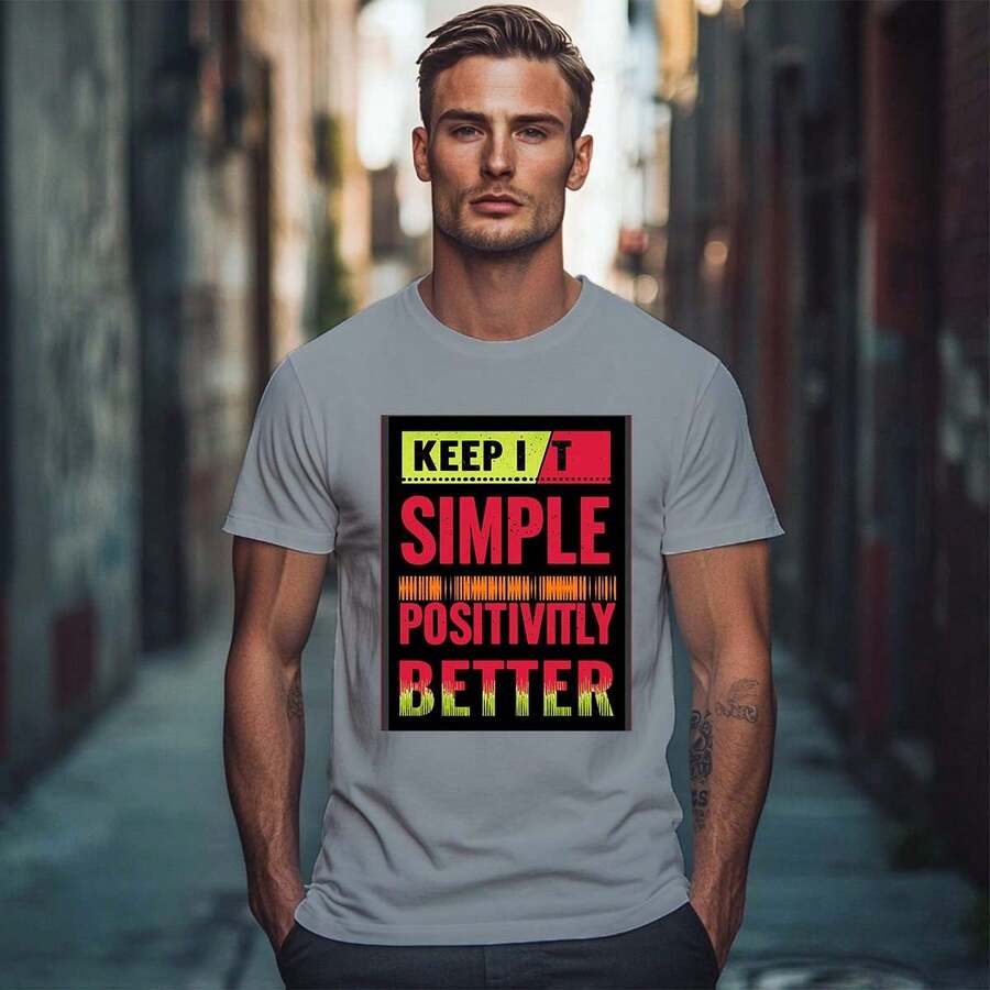 Unisex Cotton T - Shirt Set With "KEEP IT SIMPLE POSITIVITLY BETTER" In Black - Red - Yellow Color - Matching, Conveying Positive Life Attitude - 灰色 - 查看 1