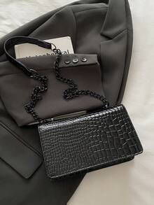 迷你时尚女士复古单肩包，金属链条轻便斜挎包，PU材质，休闲翻盖方包，鳄鱼皮纹包，女孩购物包，适合女性日常通勤，小巧便携 - 黑色 - 查看 7