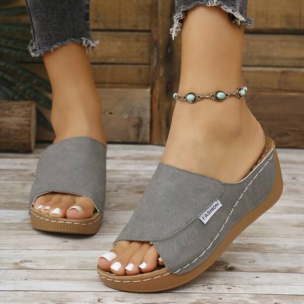 Große Größen Blumen Muster Offene Zehe Keil Pantoletten, Lässig Outdoor Tragen