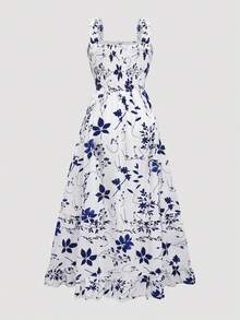 女式超长花卉印花宽松背心裙，全身波西米亚风休闲褶饰荷叶边下摆 - 彩色 - 查看 2