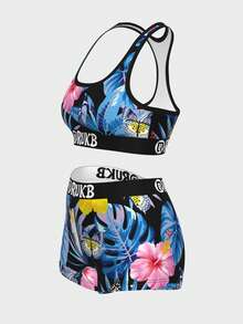 Ladies' Fashionable Cartoon Printed Pattern Swimming, Fitness, Yoga, Boxing, Running And Other Essential Sports Underwear Set, Full Body Flower Printed Plant Butterfly Classic Sexy Sports Underwear For All Seasons - Blue - View 5