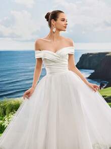 Elasola Satin Cross V-Neck Mesh Panel Off-Shoulder Graceful Evening Dress, White A-Line Fairy Style Bridal Shower Wedding Guest Dress Elegant - White - View 7