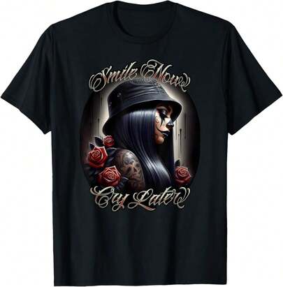 Smile Now Cry Later Chicana Payasa Tattoo  Artwork T-Shirt Gift For Coworker Anniversary Gift For Wife,Personalized  Graphic T-Shirt ,Black Casual Short Sleeves, 100% Cotton, Men's T-Shirt,Funny Graphic T Shirts,S-XXXL,Fall Clothes,Halloween Clothes