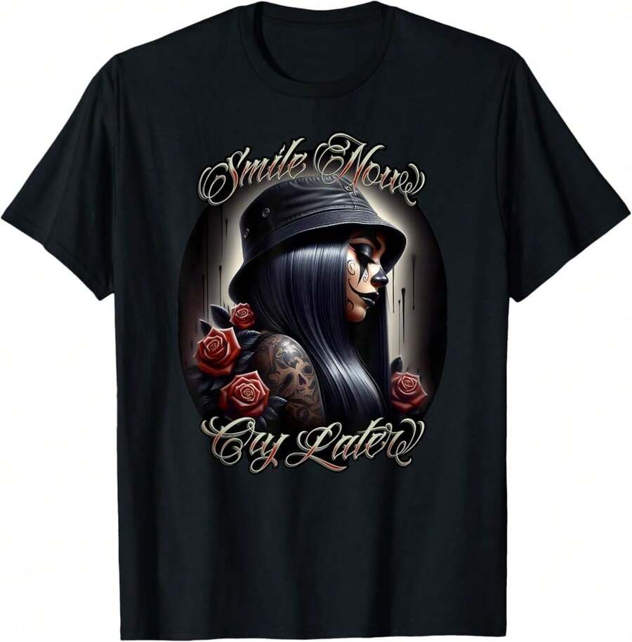 Smile Now Cry Later Chicana Payasa Tattoo  Artwork T-Shirt,Black Casual Short Sleeves,100% Cotton, Unisex T-Shirt,S-XXXL - 黑色 - 查看 1