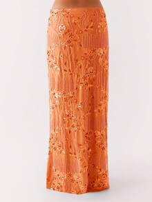 Women Summer Skirt Casual Elegant Sequin Floral Embroidery Long Skirt For Beach Vacation Club Streetwear - 橘色 - 查看 6
