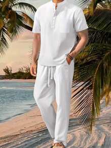 Mens Pants Set Loose Solid Color Short Sleeve Henley Tops Drawstring Pants 2 Piece Causal Outfit