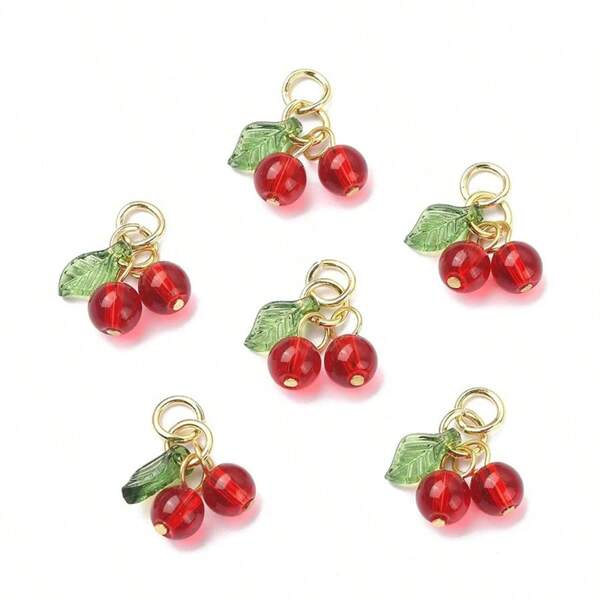 10 Stücke Glas- und Acryl-Perlen-Anhänger mit goldenen 304er Edelstahl-Sprengringen, rote Kirsch-Anhänger, Frucht-Anhänger für DIY Schmuckherstellung und Bastelarbeiten