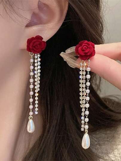 1 对复古红山茶花耳环，法式仿珍珠长流苏超仙耳饰，适合女士，送给朋友的礼物