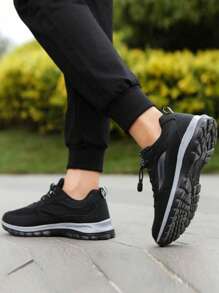 Men's Lightweight Mesh Sneakers, Black Casual Outdoor Shoes For Autumn, Elastic Band Low-Top Flat Black Shoes, Men's Training Shoes, Tennis Shoes, Road Running Shoes