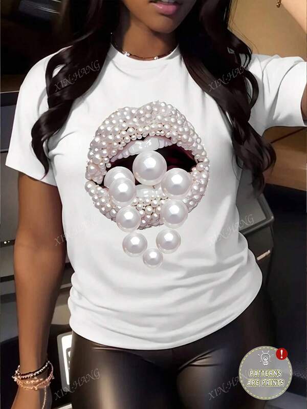 Camiseta de verano para mujer talla grande con estampado de perlas falsas y labios