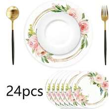 6/12/24pcs Disposable Paper Placemats, Pink Floral Pattern, 13inch Round Placemats For Wedding, Birthday Party, Anniversary, Bridal Shower, Party Supplies, Banquet