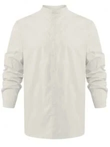 tooluck Mens Long Sleeve Shirt Linen Long-Sleeved Casual Shirt Collarless Standing Collar Summer Top Fashion Shirts - 白色1 - 查看 5