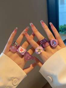 8er Set Mode personalisierte lila Blume, Herz Strass Ringe, stapelbare Ringe Schmuckgeschenke geeignet für Frauen, Studenten, Mädchen, beste Freundinnen für den täglichen Gebrauch, Partys, Reisen
