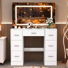 Vanity With Mirror And LED Lights, 39.4" W Makeup Vanity With 7 Drawers And Super Large Mirror, Vanity With 3 Color Modes And Adjustable Brightness, Modern Dressing Table