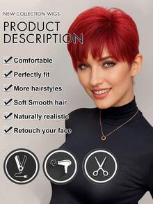 Women's Short Pixie Wig 6 Inches Red Straight Hair Fashionable Chemical Fiber Wig With Bangs, Fluffy Layered, High Density, Heat-Resistant Fiber, Breathable Rose Mesh Cap, Suitable For Daily Party Wear Halloween Carnival Music Festival Use - Red - View 9