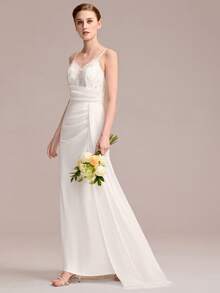 EVERPRETTY Elegant Embroidered Sleeveless Mermaid Wedding Dress, Paired With Flowing White Chiffon, Suitable For Summer Garden Wedding Party, Bridal Style - White - View 6