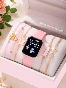 6/1pc时尚简约方形电子表，配备5个精致的叶子形手链，适合女生佩戴，是生日、返校、毕业的理想礼物，是旅行的必备品，也是送给女生的理想礼物