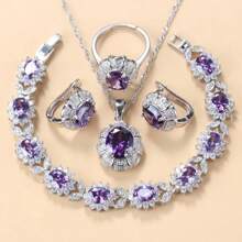925 Prata Banhado Colorido Zircônia Cúbica Moda Festa Luxo Qualidade Casamento Noiva Elegante Conjuntos de Jóias Para Mulheres Colar Pingente Brincos Pulseira Anel Conjuntos de 5 Peças Presente