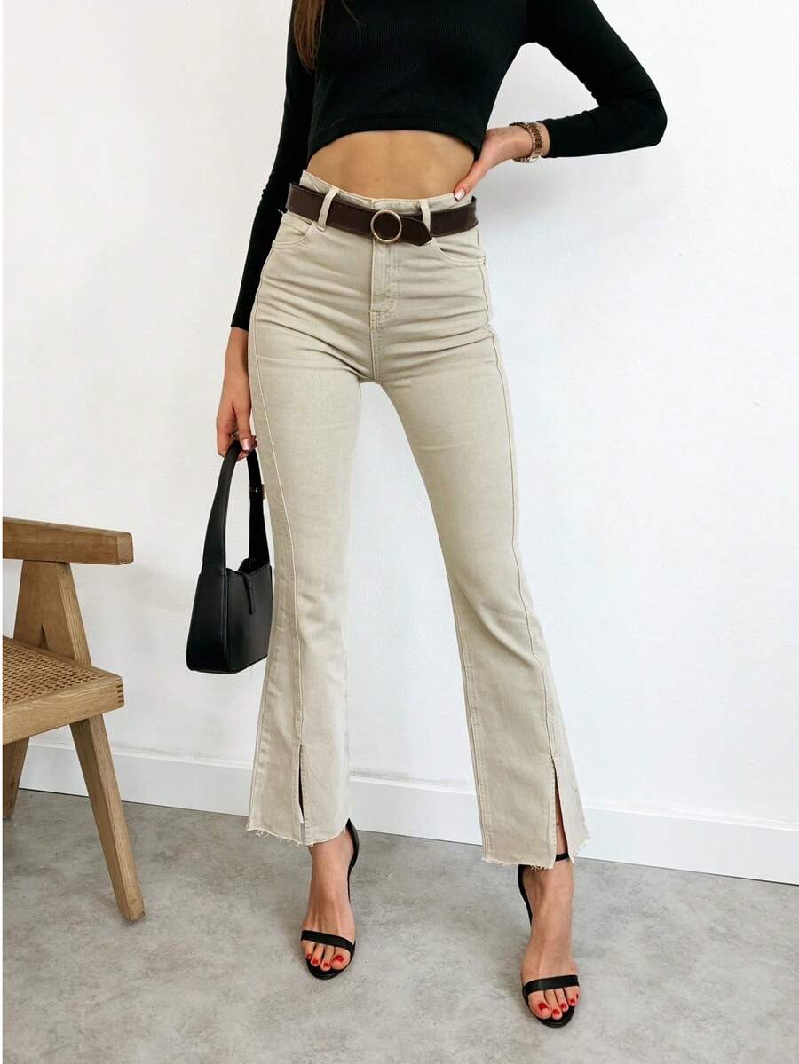 女士顏色布褲bootcut褲 女式牛仔褲 女式bootcut 褲子 時尚純色口袋扣拉鍊 - 米色 - 查看 1
