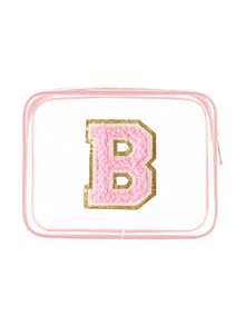 1个透明PVC便携式收纳袋，带毛巾，绣有字母A-Z，大容量化妆品收纳包，防水，带拉链，化妆包，化妆品袋，旅行收纳包，美妆包，可装口红