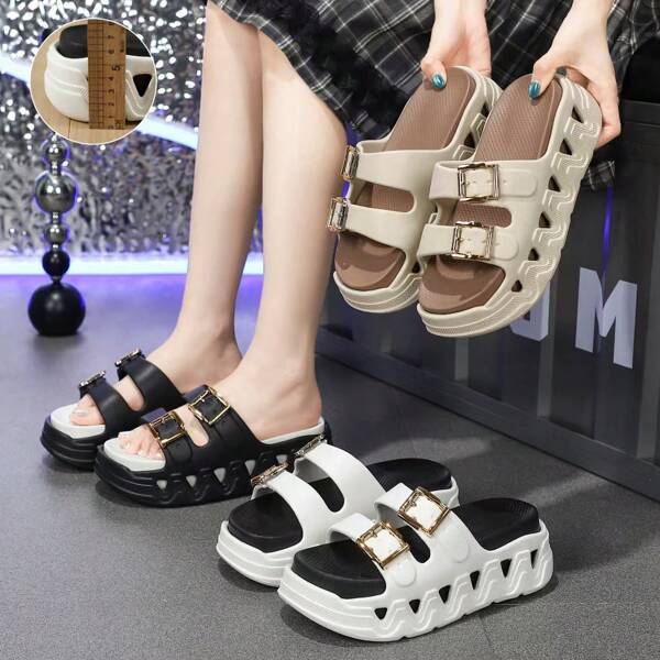Pantuflas de mujer con efecto de estar pisando excrementos, diseño con hebilla dorada, 6 cm de altura aumentada, apropiadas para varias ocasiones, cómodas