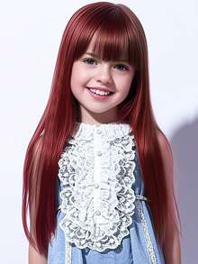 24 英寸优雅酒红色儿童刘海假发，直发耐热合成发，高温纤维时尚长假发 - 酒紅色 - 查看 12