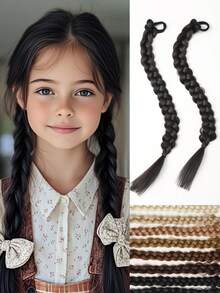 2 件长发辫子橡胶圈辫子发纤维合成假发适合儿童日常佩戴和角色扮演 - 自然黑 - 查看 14