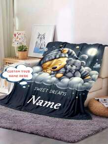 1pc Personalized Bear-Themed Throw Blanket With Custom Name - Soft, Lightweight & Warm For Couch, Bed, Outdoor Use - Perfect Birthday Gift Washable Cute Custom,Unique,Personalized Ideal Gifts For Family,Ideal Gifts For Friends Son,Daughter,Friends,Family Sofa,Bed,Car,Tea Room,Bedroom,Living Room,Bathroom,Dining Room