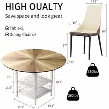 47 Inch Round Dining Table Set For 4-6 People, Large Farmhouse Kitchen Dining Table Set With Chairs And Storage Rack, Metal Base Round Table For Home Dining Room Living Room - Multicolor - View 3