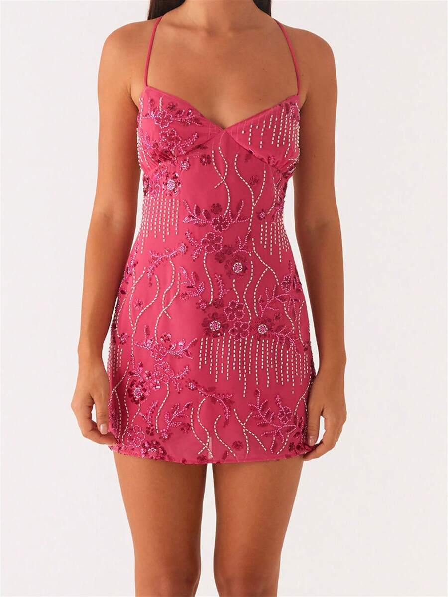 Women Mini Dress Sequins Flower Embroidery Sleeveless Cami Dress Summer Cross Backless Spaghetti Strap Dress - 玫紅色 - 查看 1