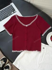 Maglietta in maglia a collo tondo stile francese, top cardigan sexy con inserti in pizzo e maniche corte, aderente