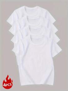 Conjunto de cuatro camisetas de manga corta de cuello redondo de unicolor blanco para niños, niños y adolescentes. Camisetas de manga corta de unicolor muy cómodas y adecuadas para momentos cálidos. Ropa para niños.
