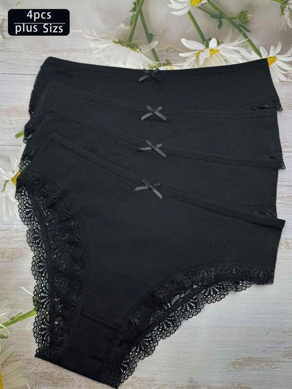 4 pièces/ensemble Culottes sexy à bordure en dentelle pour femmes de grande taille, respirantes et ajourées. Convient aux mères, épouses et amies féminines.