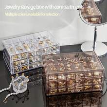 Caja de almacenamiento de joyas de 3 niveles y 72 rejillas, de acrílico transparente, práctica y multifuncional, adecuada para anillos, pendientes, collares, pulseras, organizador de joyas, caja de joyas apilable, almacenamiento de joyas, cajón de escritorio, caja de joyas grande, disponible en transparente/marrón/rosa/gris, decoración de habitación - Multicolor - Ver 1
