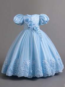 Young Girls Puff Sleeve Elegant Embroidered Floral Net Yarn Party Dress, Suitable For School Performance, Birthday, Does Not Include Hair Accessories - 淺藍色 - 查看 1
