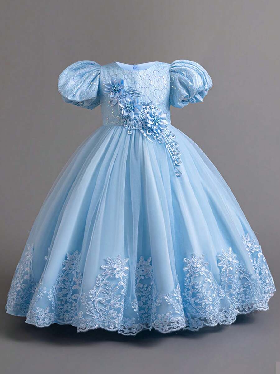 Young Girls Puff Sleeve Elegant Embroidered Floral Net Yarn Party Dress, Suitable For School Performance, Birthday, Does Not Include Hair Accessories - 淺藍色 - 查看 1