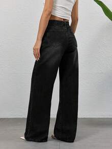 复古黑色宽松直筒牛仔裤，休闲男友风时尚牛仔裤，女士春夏款 - 黑色 - 查看 4