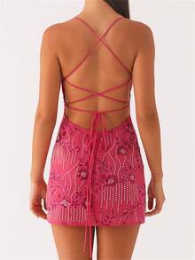 Women Mini Dress Sequins Flower Embroidery Sleeveless Cami Dress Summer Cross Backless Spaghetti Strap Dress - 玫紅色 - 查看 5