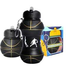 Basketball Collapsible Water Bottle 550ml - Foldable Silicone Sports Cup With Carabiner, Leakproof Travel Water Bottle For Gym, Hiking, Camping, Outdoor & Basketball Fans (Black Gold)