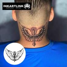 INKARTLINK INKARTLINK 1 pieza Tatuaje temporal de Cruz y Alas | Fórmula de plantas herbales semi-permanente | Realista, duración de 15 días | Resistente al agua 1-2 semanas | Tatuaje falso de nicho | Etiqueta engomada de estilo gótico