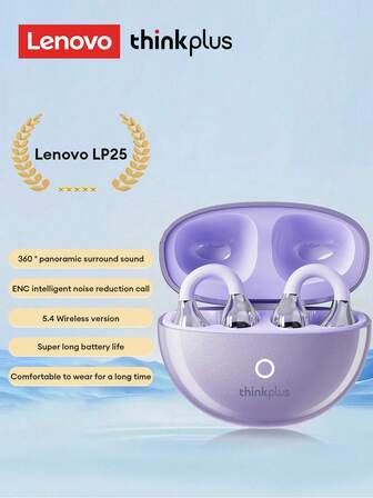  Auriculares Bluetooth Lenovo LP25, estilo gancho para la oreja, Bluetooth 5.4, cancelación de ruido de llamada ENC, audio direccional, larga duración de la batería, control táctil inteligente, compatible con tabletas Apple y Android