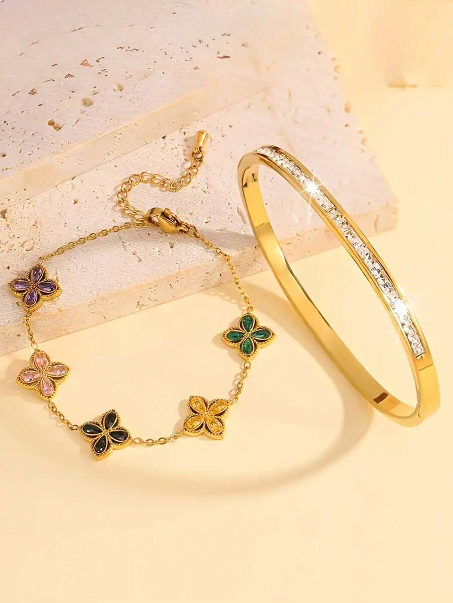 2件套 - 精致时尚轻奢不锈钢花朵手链手链组合，高贵气质手链组合，适合您心中的挚友