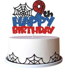 适合 1-9 岁儿童的蜘蛛生日蛋糕装饰，蜘蛛网主题生日快乐蛋糕装饰，生日派对浴室装饰用品 - 彩色 - 查看 21