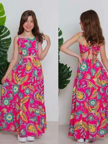 Girl's Set, Long Skirt And Cropped Top, Children's And Youth, 2 Pieces, Multicolored - 玫紅色 - 查看 1