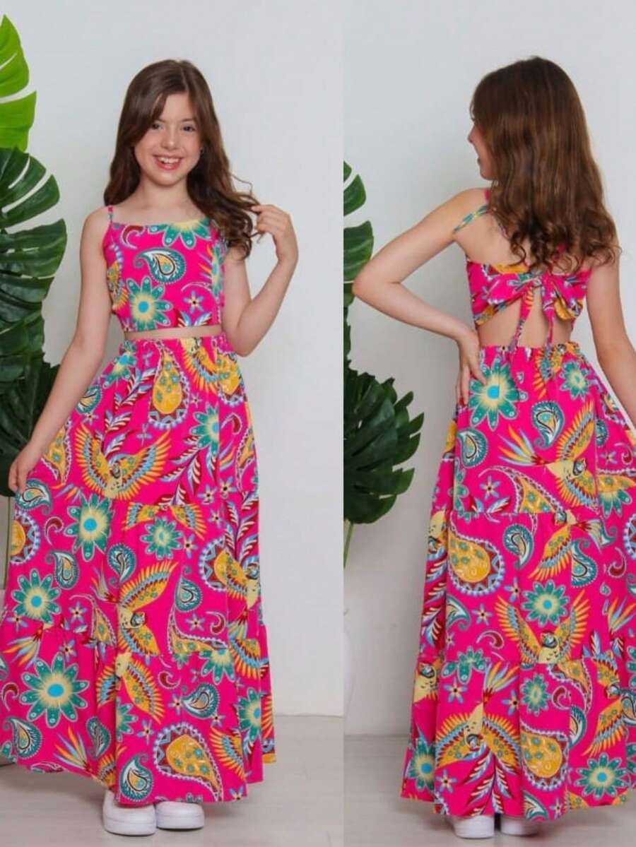 Girl's Set, Long Skirt And Cropped Top, Children's And Youth, 2 Pieces, Multicolored - 玫紅色 - 查看 1