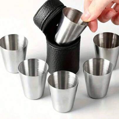 Stainless Steel Cups 5pcs Set - Reusable, No Power Needed, Hand Wash- Portable Mini Whiskey Shot Glasses For Outdoor, Travel, Picnic, PartySupplies