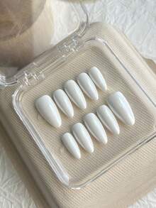 MXYIYANR 10片白色杏仁形手工美甲贴纸，亮面，白色，简约风格，适合婚礼、派对、日常装饰，附赠甲油胶和指甲锉。 - 白色 - 查看 2