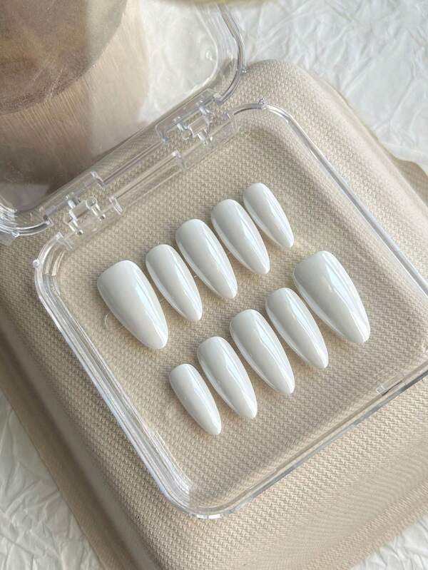 MXYIYANR 10 Stück weiße mandelförmige handgemachte Aufklebe-Nägel, glänzend, weiß, Simplicity Stil, geeignet für Hochzeit, Party, Alltag Dekoration, mit Gelee Gel und Nagelfeile Nagelbedarf