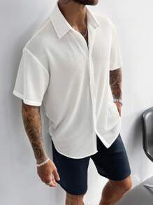Ropa casual de vacaciones para hombre, perfecta para salidas y uso diario, con una camisa de manga corta suelta de unicolor clásico con cierre de botones.